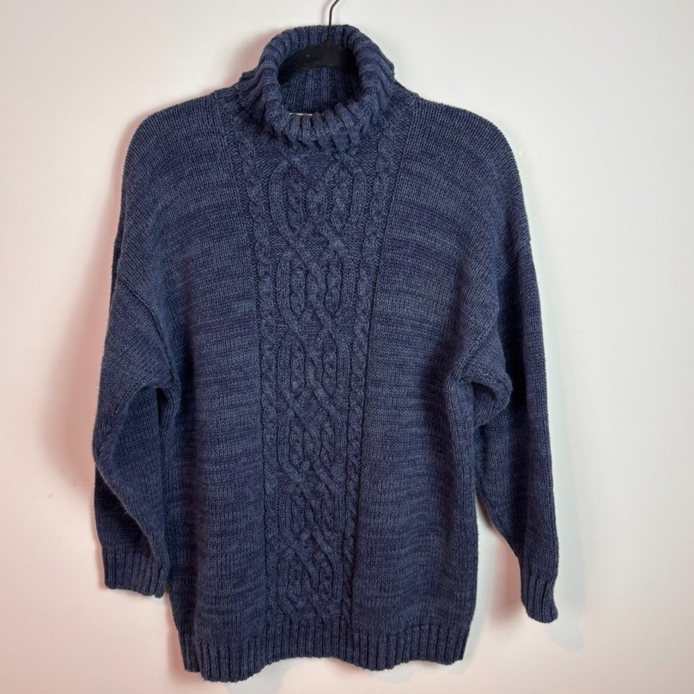 VTG Hunters Run Womens Blue Cotton Ramie Chunky Knit TurtleNeck Sweater sz Large